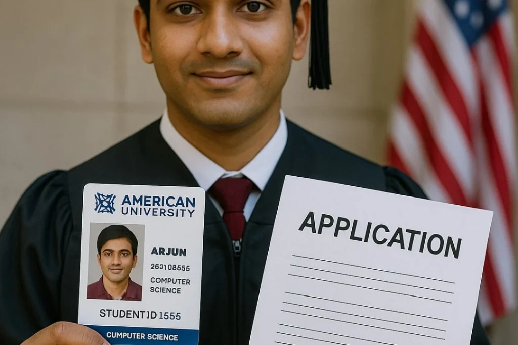 International student holding university ID card and application form after graduation