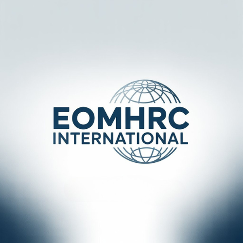 EOMHRC INTERNATIONAL official logo featuring a blue stylized globe, symbolizing global professional services and trust.
